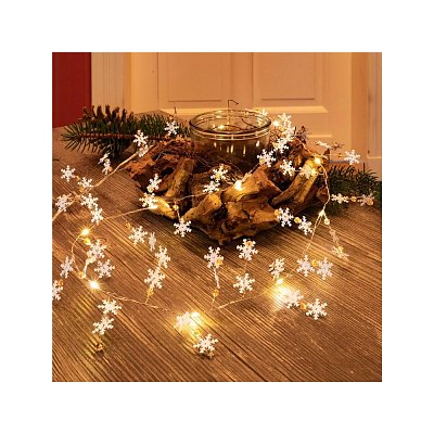 Vánoční řetěz - vločky s korálkem; 10 LED; teplé bílé;  časovač; bateriové napájení