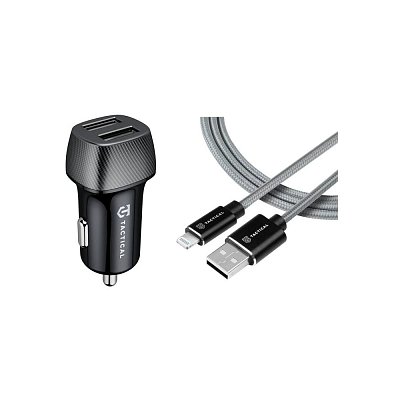 Nabíječka do Auta 24W, 2x USB, kabel USB A - Lightning MFi, 0,3m,12W, šedá