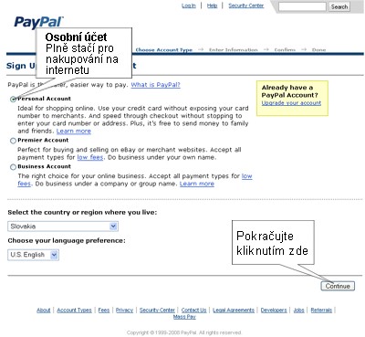 Kliknutím přejdete na tuto stránku. Vytvoření nového osobního účtu na PayPal.com