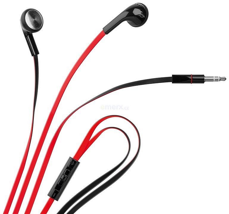 Sluchátka do uší "pecky", barva červeno-černá, ovladač hlasitosti, přenosné pouzdro. (GB 40660)