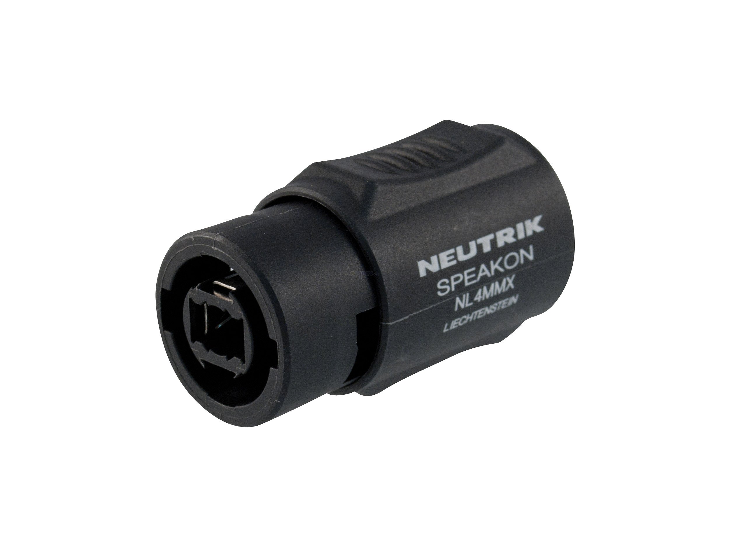 Spojka dvou kabelových konektorů NEUTRIK SPEAKON 4piny, na kabel, max. 250V/20A na kontakt, izol. pevnost 4kV, kontakty bronz, tělo z Polyamidu. (NL4MMX)