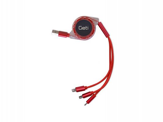 Kabel USB 3v1 samonavíjecí Geti GCU 02 červený
