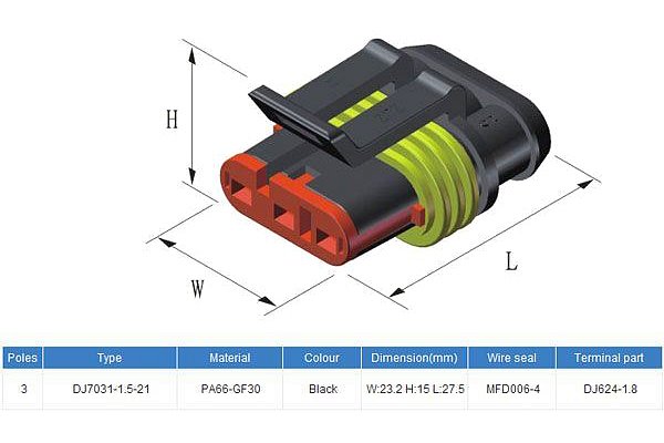 Konektor se zdířkou DJ7031-1.5-11+DJ7031-1.5-21 3P vodotěsný