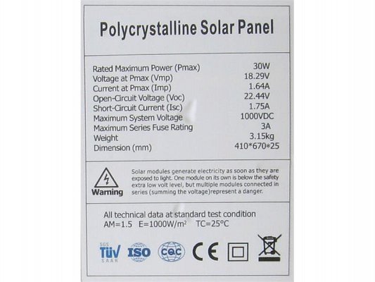 Fotovoltaický solární panel 12V/30W polykrystalický