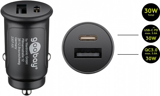 Napájecí adaptér do autozásuvky USB-A (Quick Charge), USB-C (Power Delivery), černý GB 55634 (GB 55634)