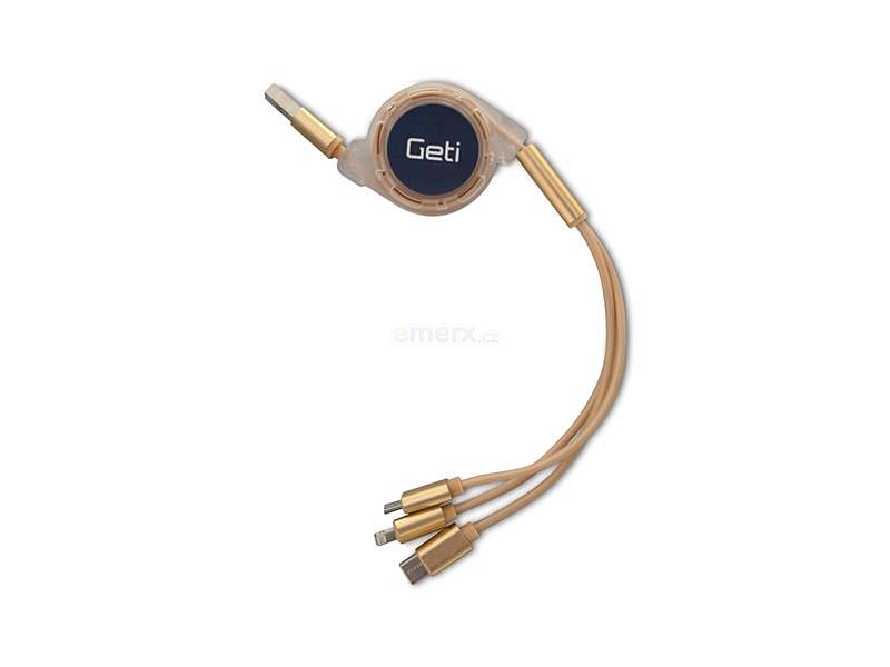 Kabel USB 3v1 samonavíjecí Geti GCU 05 zlatý