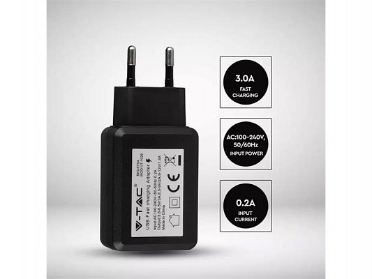 Adaptér USB V-TAC VT-1026-B/QC3.0