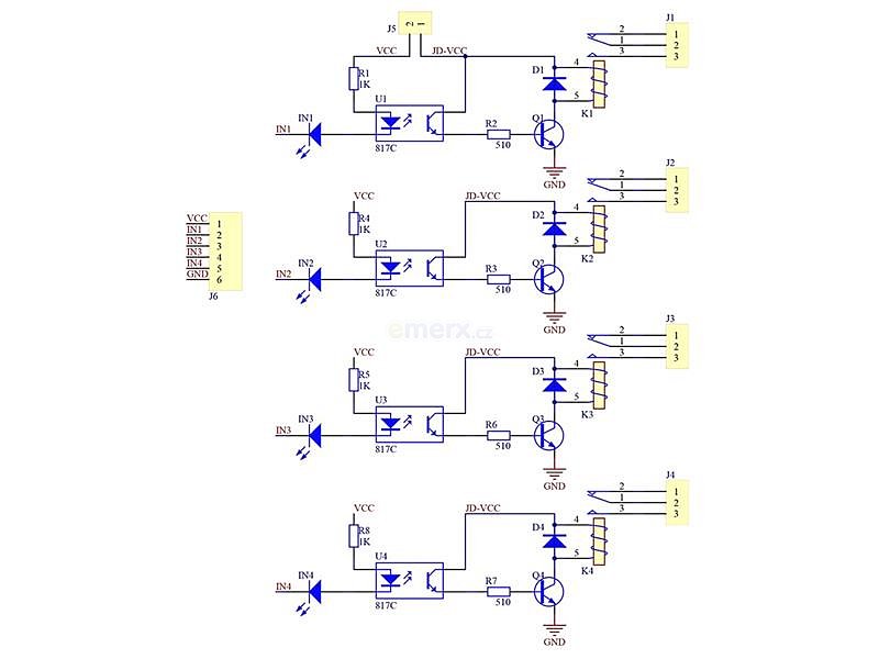Modul relé 4x, napájení 5V, s optočlenem