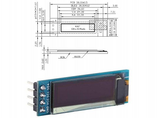 Displej OLED 0,91", 128x32 znaky, IIC/I2C, 4piny, bílý