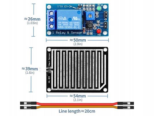 Senzor dešťě včetně sondy, modul s relé, napájení 12V