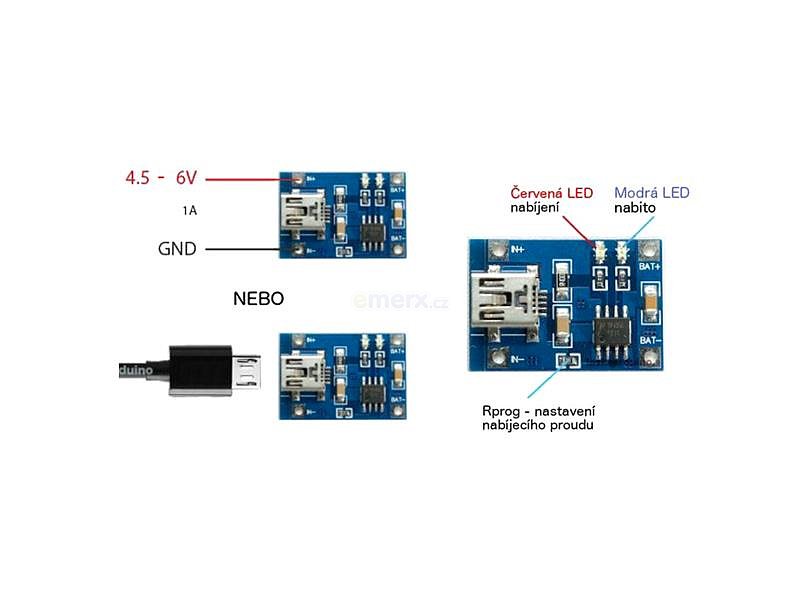 Nabíječka Li-Ion článku 1A, modul s IO TP4056