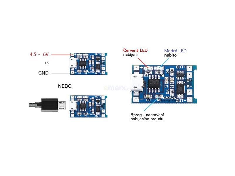 Nabíječka Li-Ion článku 1A s ochranou, modul s IO TP4056 (micro USB)