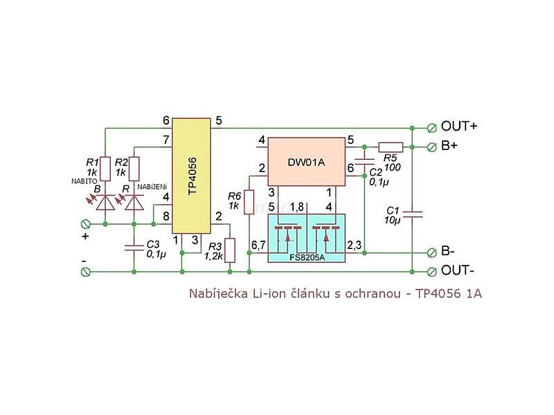 Nabíječka Li-Ion článku 1A s ochranou, modul s IO TP4056 (micro USB)