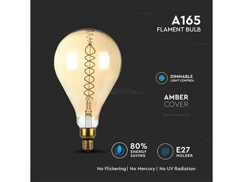 Žárovka Filament LED E27 8W A165 bílá teplá V-TAC VT-2138 Dimmable