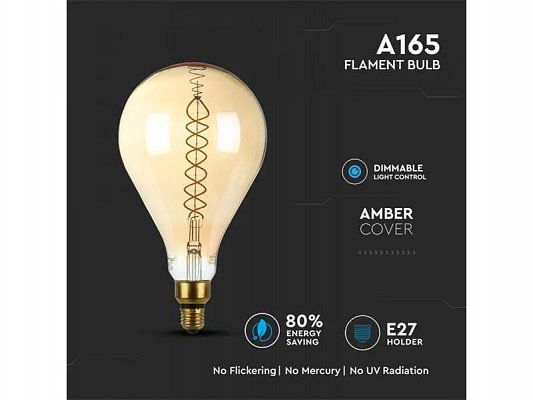 Žárovka Filament LED E27 8W A165 bílá teplá V-TAC VT-2138 Dimmable