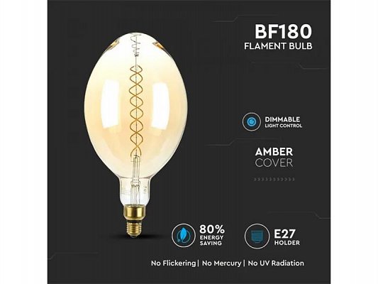 Žárovka Filament LED E27 8W BF180 bílá teplá V-TAC VT-2168D Amber Dimmable