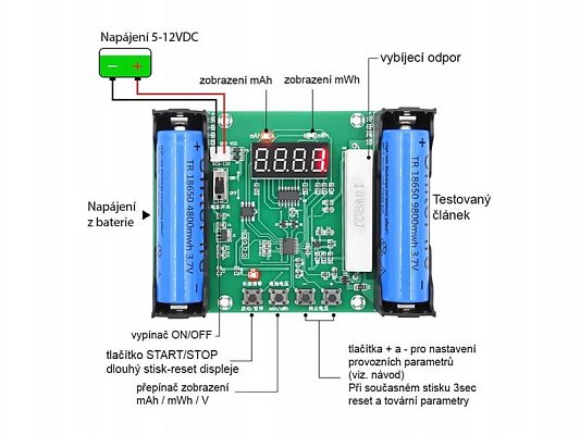 Tester Li-Ion článků 18650, modul XH-M240, měřič kapacity