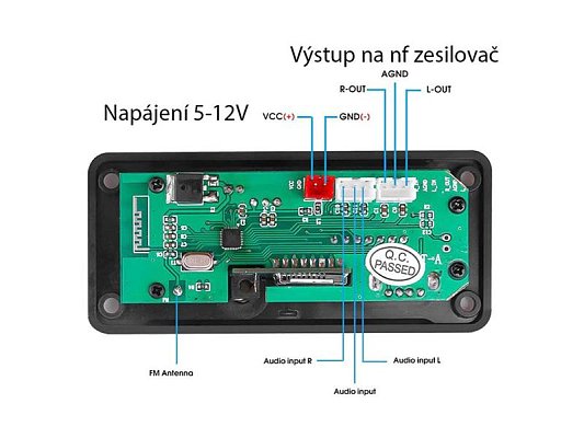 FM rádio, přehrávač MP3 s bluetooth 5.0, dálkové ovládání,napáj. 5-14V