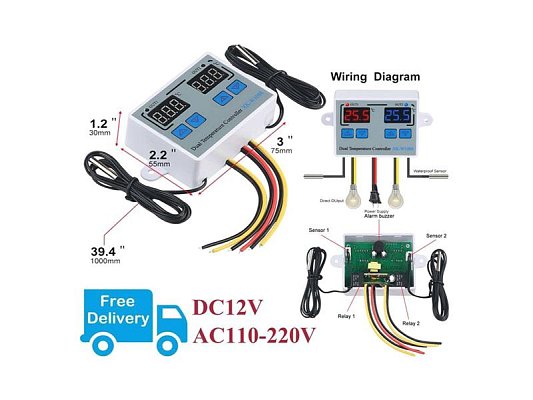 Digitální termostat duální XK-W1088, -50 až +110°C, napájení 12V