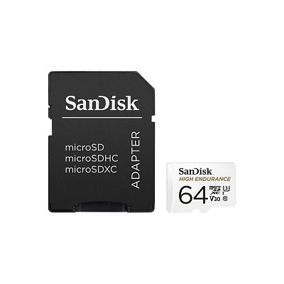Paměťová karta SanDisk micro SDXC; High Endurance Video; 64 GB; 100 MB/s; Class 10; U3; V30; adaptér