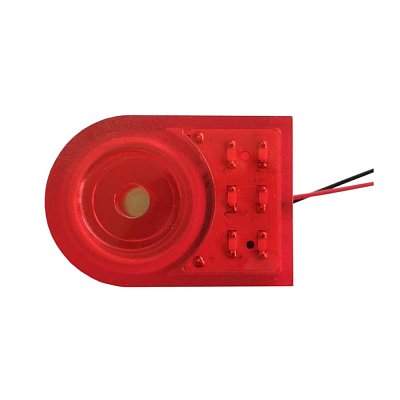 Zapouzdřená piezosiréna s LED; červená; 12V; 200mA; 85dB; kolísavá frekvence 2,5..4,5kHz; rozměry: 46x32x16