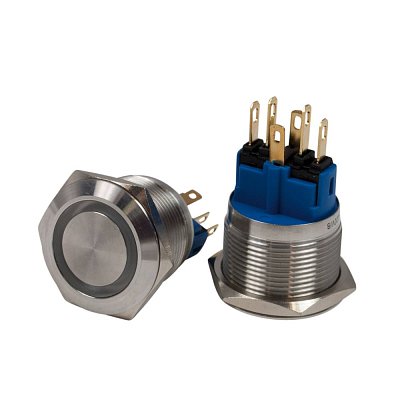 Antivandal spínač, podsvětlení modré, 2póly, OFF-(ON)/ON-(OFF), 5A/250V