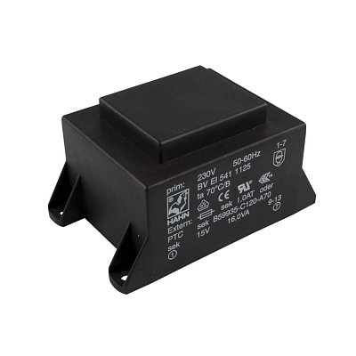 EI 54/18,8; 1x15V/1,067A; 16VA; 230V; 75,3x47,3x38,8mm; 4 úchyty