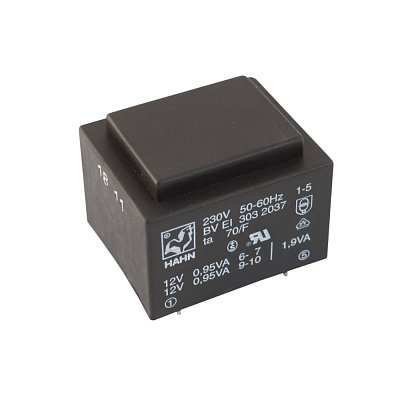 EI 30/12,5; 2x12V/0,079A; 1,9VA; 230V; 32,5x27,5x23,8mm; do DPS