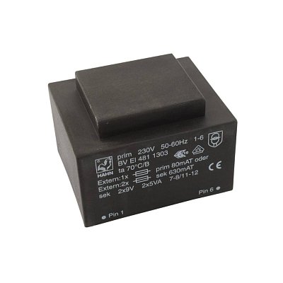 EI 48/16,8; 2x9V/0,63A; 10VA; 230V; 42,7x50,7x35,1mm; do DPS