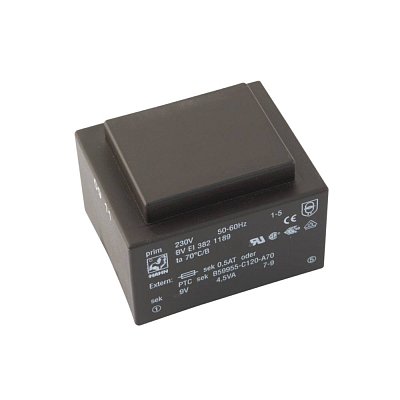 EI 38/13,6; 1x9V/0,5A; 4,5VA; 230V; 40,8x35x28,1mm; do DPS