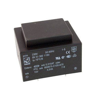 EI 38/13,6; 1x15V/0,3A; 4,5VA; 230V; 40,8x35x28,1mm; do DPS