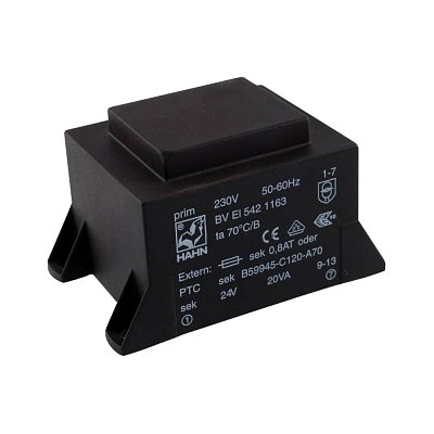 EI 54/23; 1x24V/0,834A; 20VA; 230V; 47,3x74x38,8mm; 4 úchyty