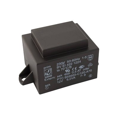 EI 42/14,8; 1x12V/0,5A; 6VA; 230V; 55x36,8x32,3mm; 2 úchyty