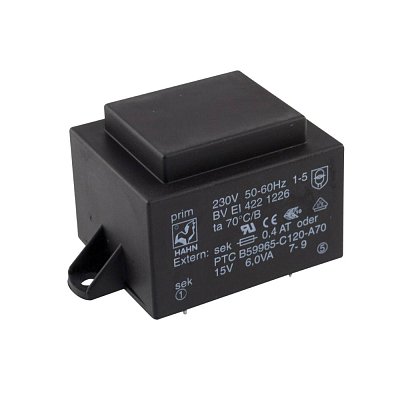 EI 42/14,8; 1x15V/0,4A; 6VA; 230V; 55x36,8x32,3mm; 2 úchyty