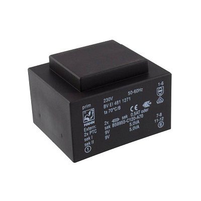 EI 48/16,8; 2x9V/0,556A; 10VA; 230V; 60x42,3x34,6mm; 2 úchyty