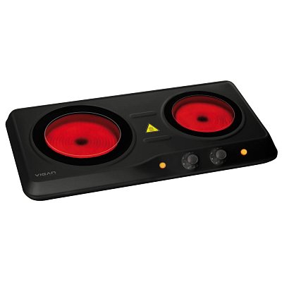 Sklokeramický dvouplotýnkový vařič s příkonem 2000 W. Vigan Mammoth SKV2C disponuje plynulou regulací teploty.