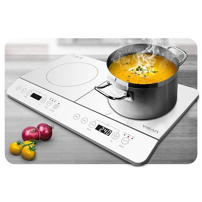 Indukční dvouplotýnkový vařič s příkonem 3500 W. Vigan IVB2Z nabízí velmi rychlý a rovnoměrný ohřev, automatickou detekci vhodného nádobí a dobře čitelný LED displej.