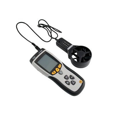 Thermo-anemometr se zabudovaným IR měřičem teploty a externí sondou pro měření rychloti větru (kabel délky 1,2 m), také měří průtok vzduchu v CMM a CFM.