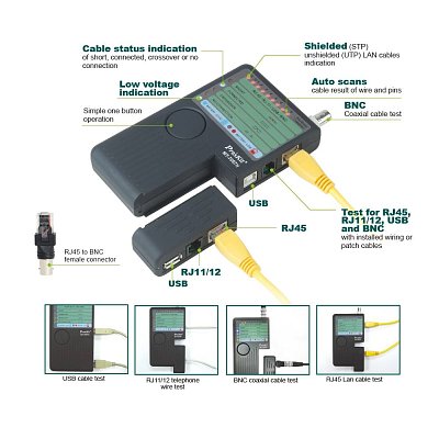 Tester kabelů RJ45 EIA/TIA-568A/B,AT&T258A,RJ11/12 USOC4/6/8,EtherneT 10BaseT,Token Ring, Telefonní,USB,BNC