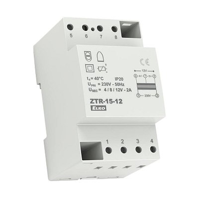 Zvonkový transformátor na DIN lištu 1,25A, 3 výstupy, 4V/5VA AC, 8V/10VA AC, 12V/15VA AC