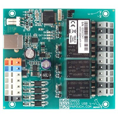 Quido USB 4/4 má 4 digitální vstupy, 4 výstupní relé a teploměr. Komunikuje přes USB rozhraní.