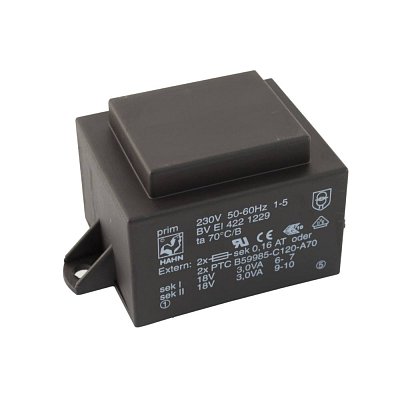 EI 42/14,8; 2x18V/0,167A; 6VA; 230V; 55x36,8x32,3mm; 2 úchyty