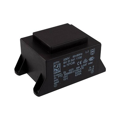 EI 54/18,8; 2x15V/0,534A; 16VA; 230V; 75,3x47,3x38,8mm; 4 úchyty