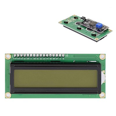 Žluto/zelený LCD displej s podsvícením bílou LED a řízen přes I2C - velice vhodný pro jednoduché projekty s malými nároky na zobrazování informací.