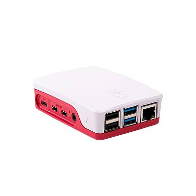 Krabička pro Raspberry Pi 4B s odnímatelným víkem a boky kombinující ikonickou malinovou a moderní bílou barvu.