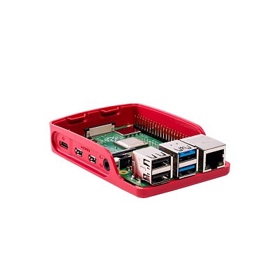 Krabička pro Raspberry Pi 4B s odnímatelným víkem a boky kombinující ikonickou malinovou a moderní bílou barvu.