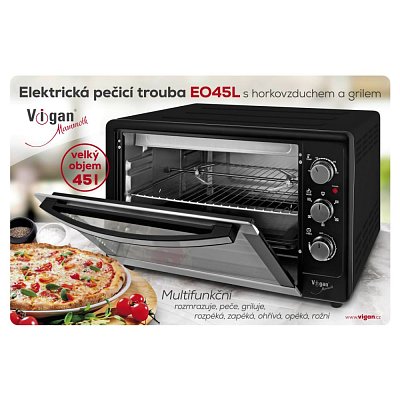 Elektrická pečicí mini trouba o příkonu 1 800 W, s grilem a horkým vzduchem, je vhodná pro malou domácnost, na chatu či pro studenty na kolej.