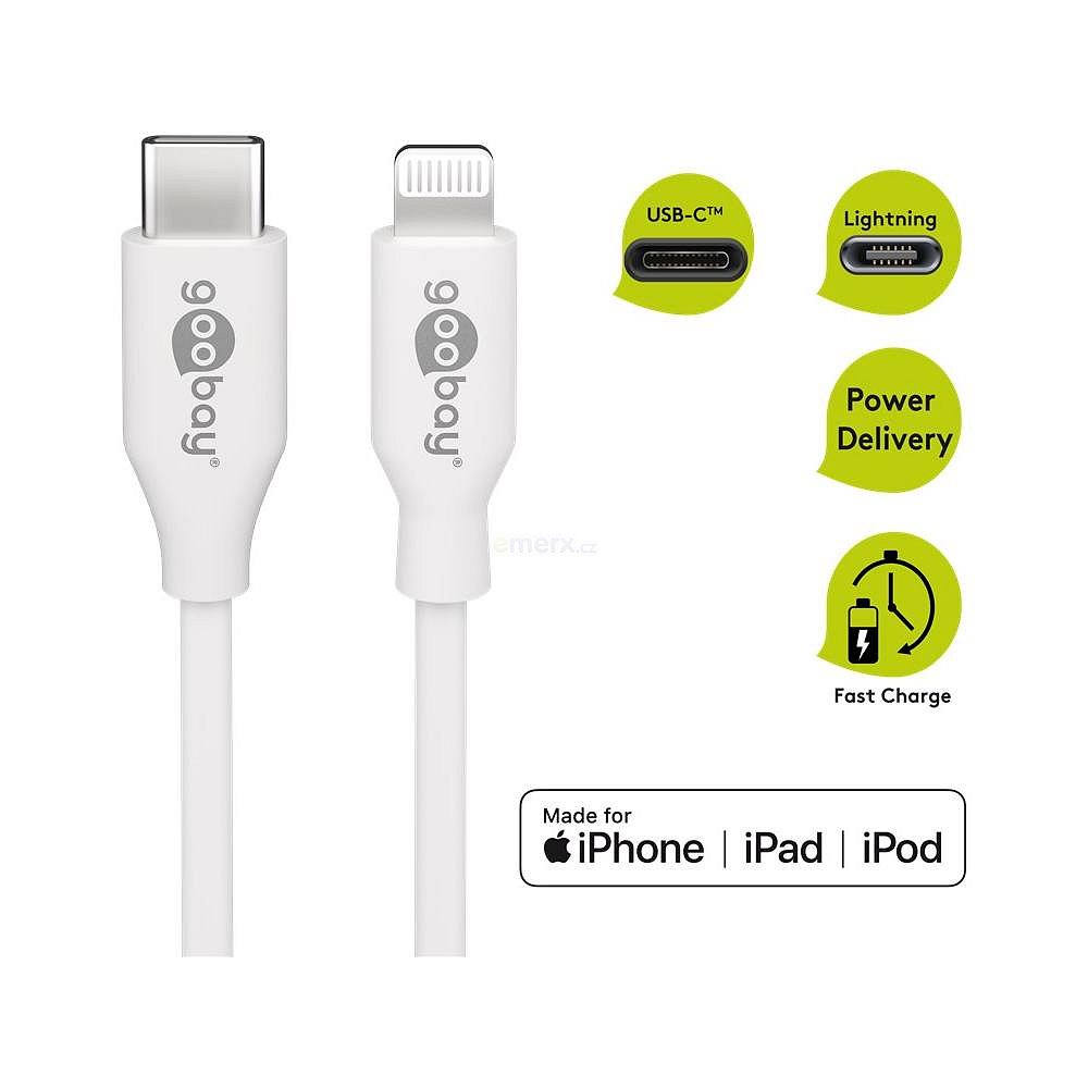 Kabel USB 3.1 konektor C vidlice - Lightning vidlice, bílý, 2m