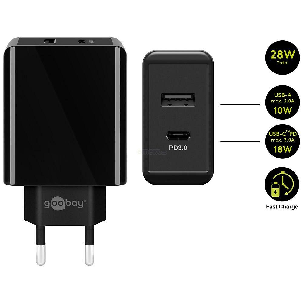 Napájecí síťový adaptér, funkce Quick Charge, 2x USB-A, 5V/2000mA, 5..12V/3000mA