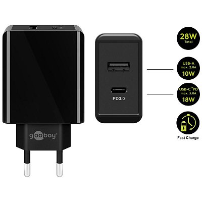 Napájecí síťový adaptér, funkce Quick Charge, 2x USB-A, 5V/2000mA,  5..12V/3000mA